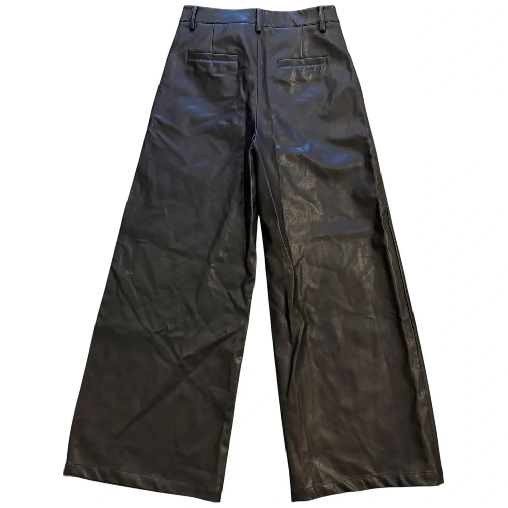 Handless Inc Black Faux Leather Wide Leg‎ Pants High Waisted Seam Detail Size L